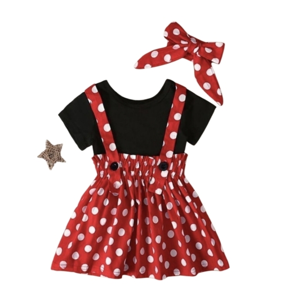 Girls Red & White Polka Dot Overall Dress 12-M Halloween Costume 3-pc Set Bow - Picture 11 of 17